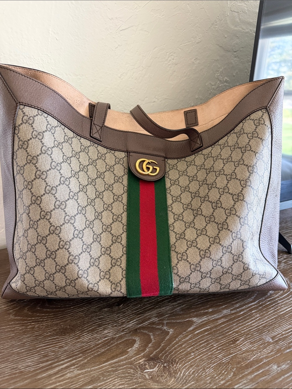 Gucci Beige GG Supreme Tote with Green-Red Web and Brown Trim
